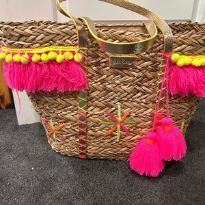 Lilly Pulitzer Pink and Yellow Tote Bag with Playful Tassels